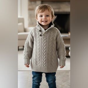 BabyGap, brown/beige sweater, elbow patches, button/hook closure, cable knit, 3